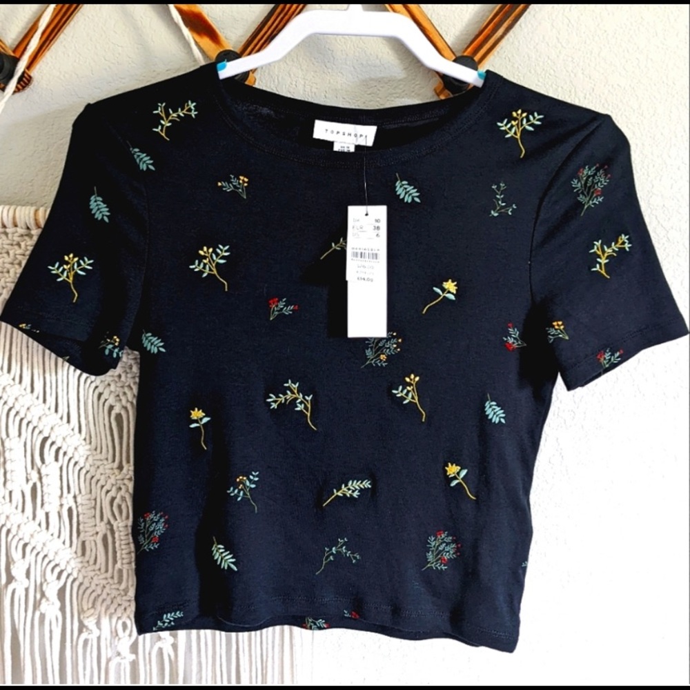 Crop t-shirt with floral embroidery. New with tags, never worn!